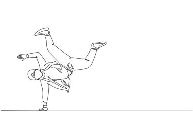 Tek bir çizgi, modern sokak dansçısı eşofmanlı genç adamın sahne grafik vektör illüstrasyonunda hip hop dansı yapmasını gösteriyor. Şehir kuşağı yaşam tarzı konsepti. Devamlı çizgi çizimi tasarımı