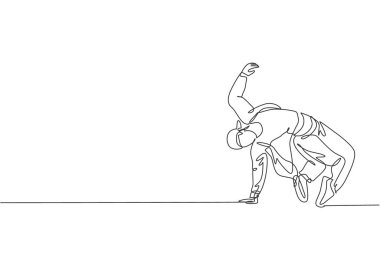 Eşofmanlı genç bir hip-hop dansçısının sokak ortasında break dans yaptığı tek sıra çizimi. Şehir kuşağı yaşam tarzı konsepti. Bir satır çizimi tasarım vektörü illüstrasyonu