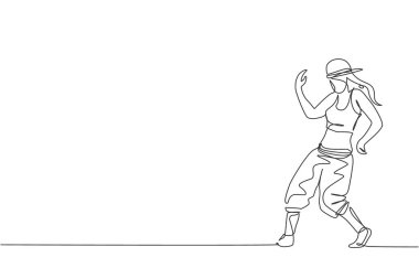 Modern sokak dansçısı genç bir kadının sahne vektör çiziminde hip hop dansı yaptığı tek bir çizgi. Şehir kuşağı yaşam tarzı konsepti. Devamlı çizgi çizimi tasarımı