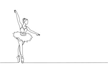 Genç ve zarif balerinin kesintisiz çizimleri klasik bale koreografisi yeteneğini gösterdi. Opera dansı konsepti. Bir satır grafiksel tasarım vektörü çizimi
