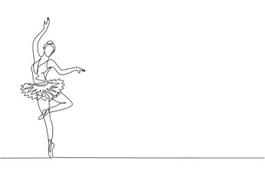 Genç ve zarif balerinin kesintisiz çizimleri klasik bale koreografisi yeteneğini gösterdi. Opera dansı konsepti. Bir satır tasarım grafik vektör illüstrasyonu