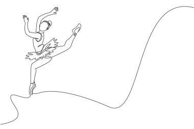 Genç güzellik dansçısı kadının bale sınıfında klasik bale egzersizi yaparken çizdiği bir çizim. Koreografik hareket konsepti. Modern sürekli çizgi çizimi tasarımı