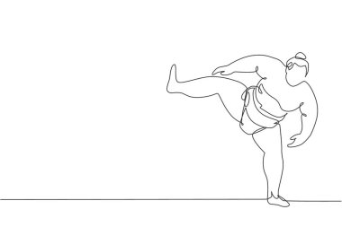 Genç Japon rikishi erkeğinin aralıksız çizdiği bir çizgi festival turnuvasında dövüşmeye hazırlanıyor. Geleneksel sumo sporu konsepti. Dinamik tek çizgi tasarım grafik vektör çizimi