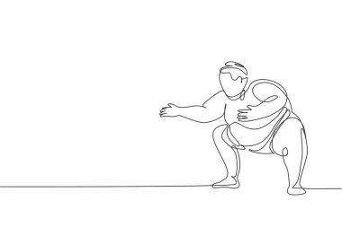 Arena Spor Salonu 'nda genç ve şişman Japon sumo adam eğitiminin kesintisiz çizimi. Geleneksel festival dövüş sanatı konsepti. Moda bir çizgi tasarım vektörü grafik çizimi