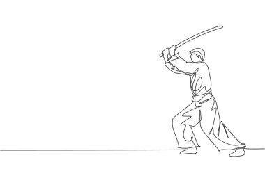 Genç bir aikido dövüşçüsünün dojo eğitim merkezinde tahta kılıçla dövüşmesini gösteren bir çizgi. Dövüş sanatları dövüş sporları konsepti. Tek çizgi çizimi tasarım vektör çizimi