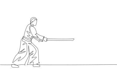 Sürekli bir çizgi çeken aikido dövüşçüsü dövüş antrenmanı için dojo eğitim merkezinde tahta kılıç kullanıyor. Dövüş sporları konsepti. Dinamik tek çizgi grafik tasarım vektörü illüstrasyonu