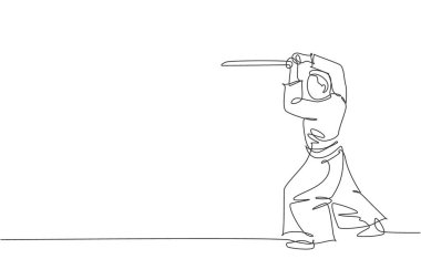 Spor salonu vektör illüstrasyonunda, kimono egzersizi yapan, ahşap kılıçlı genç ve enerjik bir adamın çizimi. Sağlıklı yaşam tarzı spor konsepti. Devamlı çizgi çizimi tasarımı