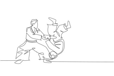 Aikido boksörlerinin dövüş tekniklerini dojo eğitim merkezinde aralıksız çizdiği bir çizgi. Dövüş sanatları dövüş sporları konsepti. Dinamik tek çizgi çizimi tasarım vektörü illüstrasyonu
