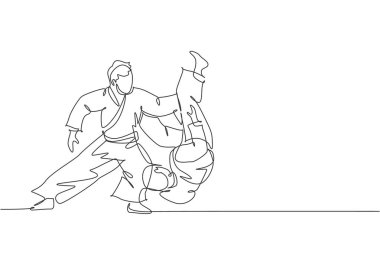 Aikido dövüş tekniğinde kimono antrenmanı yapan iki genç sporcunun tek sıra çizimi. Japon dövüş sanatı konsepti. Bir satır çizimi tasarım vektörü illüstrasyonu