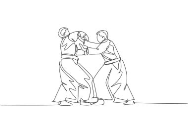 Dojo merkezinde iki genç sporcunun kimono antrenmanı aikido dövüş tekniği ile tek sıra çizimi. Japon dövüş sanatı konsepti. Bir satır çizimi tasarım vektörü illüstrasyonu