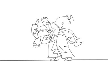 Kimono giymiş iki genç sporcunun aikido dövüş tekniklerini uyguladığı tek sıra çizimi. Japon dövüş sanatı konsepti. Bir satır çizimi tasarım vektörü illüstrasyonu