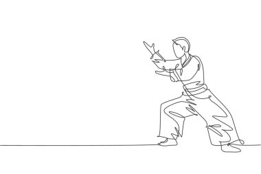 Tek sıra halinde, kimono giyen genç sporcu aikido dövüş tekniği kullanıyor. Japon dövüş sanatı konsepti. Bir satır tasarım vektörü çizimi grafiği