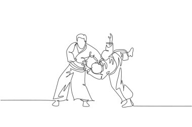 Dojo eğitim merkezinde genç bir aikido dövüşçüsünü sürekli çeken bir çizgi. Dövüş sanatları dövüş sporları konsepti. Dinamik tek çizgi grafik tasarım vektörü illüstrasyonu