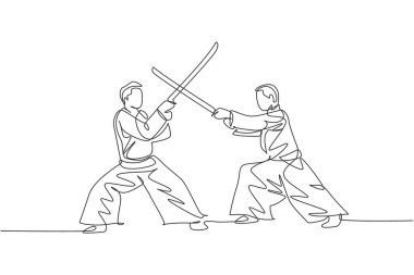 Spor salonu vektör ilüstrasyonunda kimono egzersizi yapan genç ve enerjik bir adamın ahşap kılıçla yaptığı bir çizim. Sağlıklı yaşam tarzı spor konsepti. Devamlı çizgi çizimi tasarımı