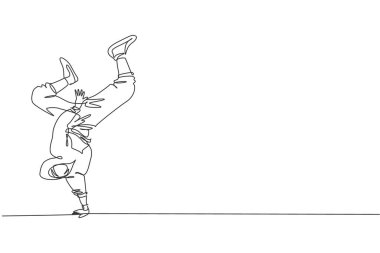 Kapüşonlu hip hop dansı yapan genç ve sportif break dansçıyı sürekli çeken bir çizgi. Şehir yaşam tarzı spor konsepti. Dinamik tek çizgi tasarım vektörü grafik çizimi