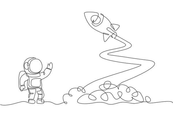 Una Línea Continua Dibujo Del Astronauta Astronauta Ciencia Luna Agitando — Vector de stock