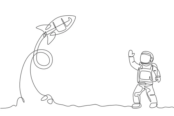 航天员科学在月球陆地上挥手发射火箭的连续线条图 宇航员探索外层空间的概念 动态单行绘图设计矢量说明 — 图库矢量图片