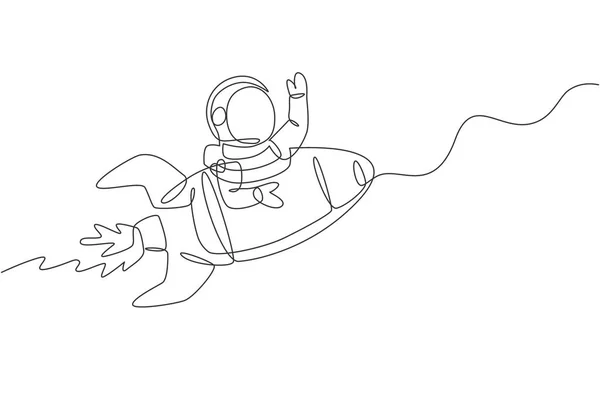 Single Continuous Line Drawing Astronaut Spacesuit Waving Hand Outer Space — Stock Vector