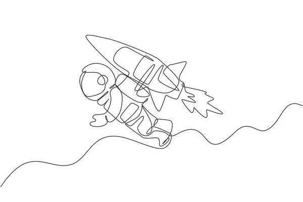 Одна Сплошная Линия Рисующая Астронавта Скафандре Летящего Открытом Космосе Реактивным — стоковый вектор