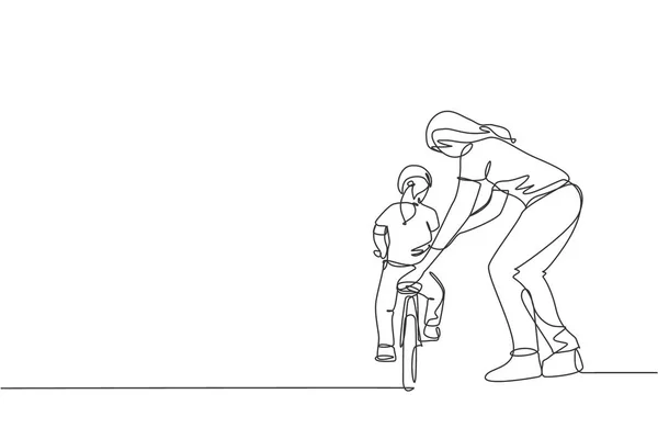 Una Sola Línea Dibujo Madre Joven Enseñando Hija Montar Bicicleta — Archivo Imágenes Vectoriales