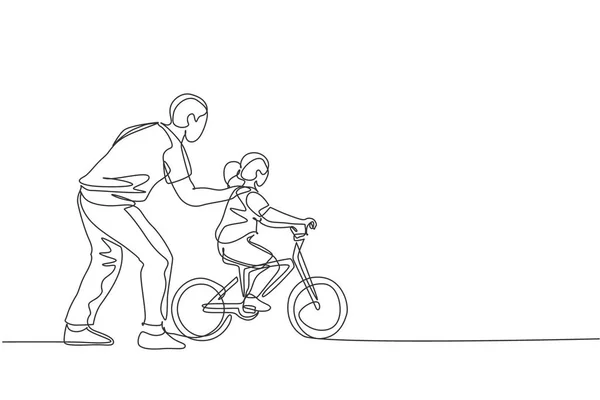 一行画的是一位年轻的父亲 他在公园里教他的女儿骑自行车 父亲的教训 城市家庭时间概念 现代连续线条绘图设计 — 图库矢量图片