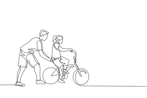 Einzelne Durchgehende Linienzeichnung Von Kleinen Kindern Mädchen Lernen Fahrrad Fahren — Stockvektor