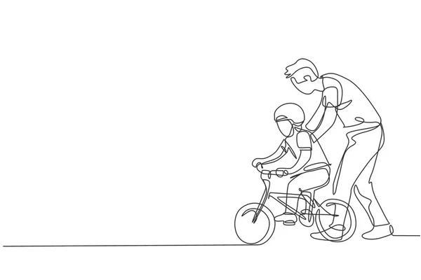 Jeden Ciągły Rysunek Linii Młodego Chłopca Uczącego Się Jeździć Rowerze — Wektor stockowy