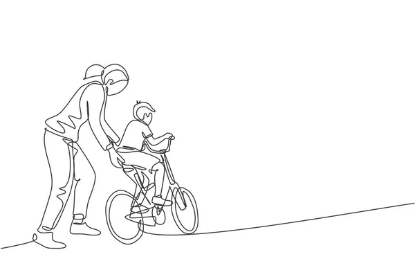 Dessin Une Seule Ligne Jeune Mère Enseignant Son Fils Vélo — Image vectorielle