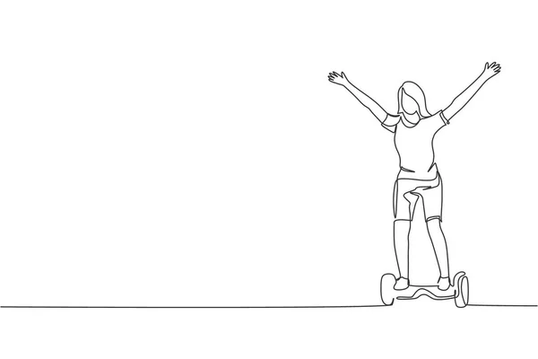 Desenho Linha Contínua Jovem Mulher Feliz Ficar Montar Hoverboard Parque — Vetor de Stock