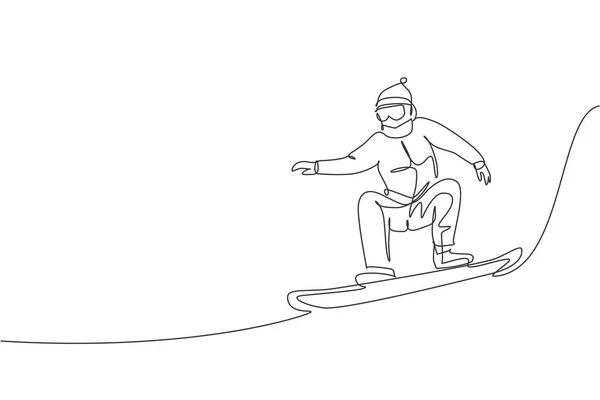 Single continuous line drawing of young sportive snowboarder man jumping ride snowboard at mountain. Outdoor extreme sport. Winter vacation concept. Trendy one line draw design vector illustration