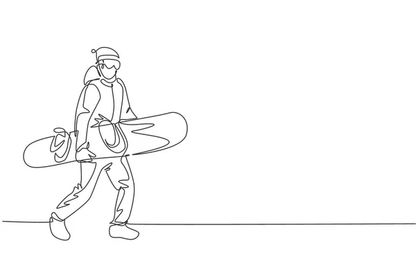 Единая Сплошная Линия Рисования Молодого Спортивного Сноубордиста Ходить Держать Сноуборд — стоковый вектор
