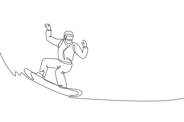 Disegno Linea Continua Giovane Sportivo Snowboarder Equitazione Snowboard Alpi Neve — Vettoriale Stock