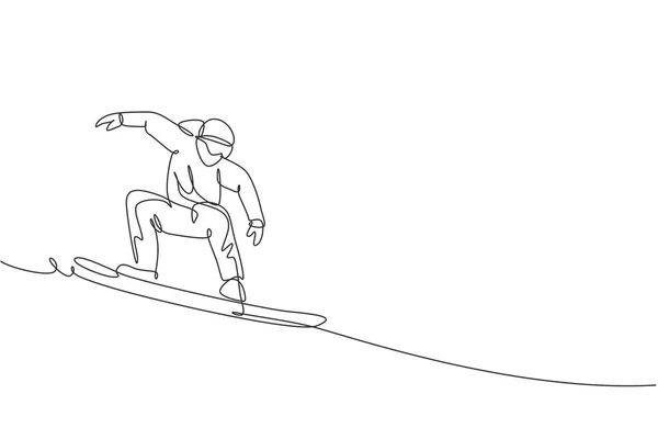 Desenho Linha Contínua Única Jovem Boneco Snowboard Esportivo Montando Snowboard — Vetor de Stock