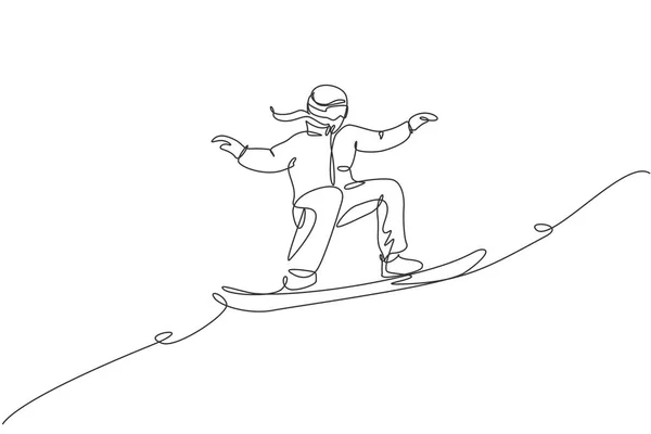 Una Sola Línea Dibujo Mujer Snowboarder Joven Enérgico Paseo Snowboard — Archivo Imágenes Vectoriales