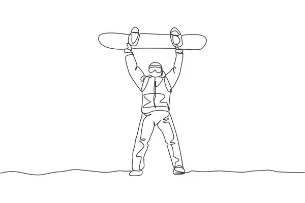 Una Sola Línea Continua Dibujo Joven Snowboarder Deportivo Hombre Levantar — Archivo Imágenes Vectoriales