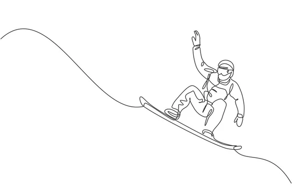 Disegno Linea Continua Giovane Sportivo Snowboarder Equitazione Snowboard Saltando Alpi — Vettoriale Stock