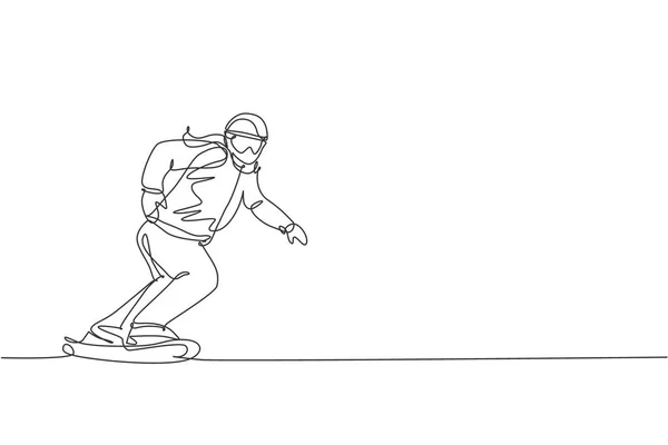 Единая Сплошная Линия Рисования Молодой Спортивной Сноубордистки Катающейся Сноуборде Горе — стоковый вектор