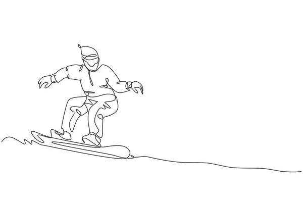 Enkele Continue Lijn Tekening Van Jonge Sportieve Snowboarder Man Rijden — Stockvector