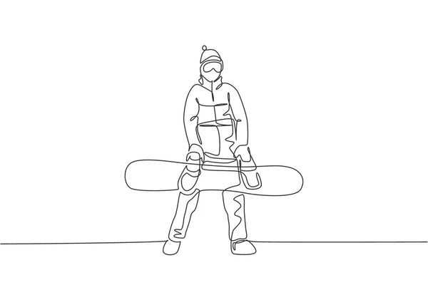 Desenho Linha Contínua Jovem Homem Desportivo Snowboarder Segurando Snowboard Bordo — Vetor de Stock