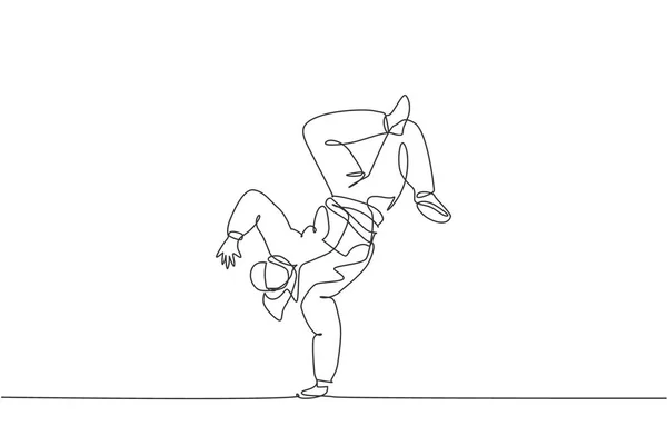 Одна Линия Рисунка Молодого Современного Уличного Танцора Капюшоном Исполняющего Хип — стоковый вектор