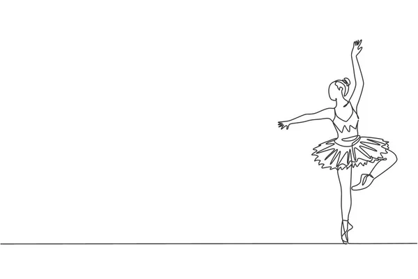 一位年轻优雅的芭蕾舞女舞蹈演员在歌剧院的舞台上不断地表演着美丽的古典舞蹈 芭蕾舞表演的概念 动态单行绘图设计矢量说明 — 图库矢量图片