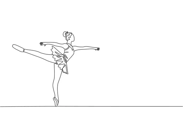 Desenho Linha Contínuo Jovem Dançarina Balé Mulher Graciosa Executa Dança — Vetor de Stock