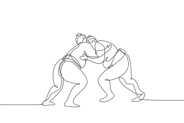 Dessin Continu Deux Jeunes Grands Rikishi Japonais Prépare Battre Tournoi — Image vectorielle