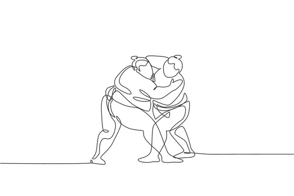 アリーナジムセンターで2人の若い太った日本人男性のトレーニングの戦いを描いたシングル連続ライン 伝統的な祭りの武道の概念 トレンディーな1行の描画デザイングラフィックベクトルイラスト — ストックベクタ