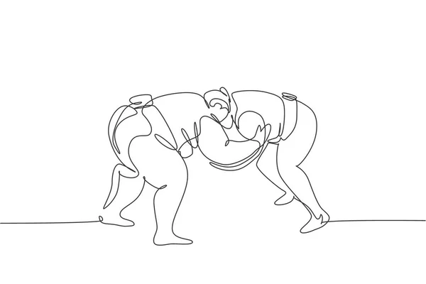 祭りの大会で戦う準備をしている2人の若い日本人力士の連続線描 伝統的な相撲の概念 ダイナミックシングルラインドローデザインベクトルグラフィックイラスト — ストックベクタ