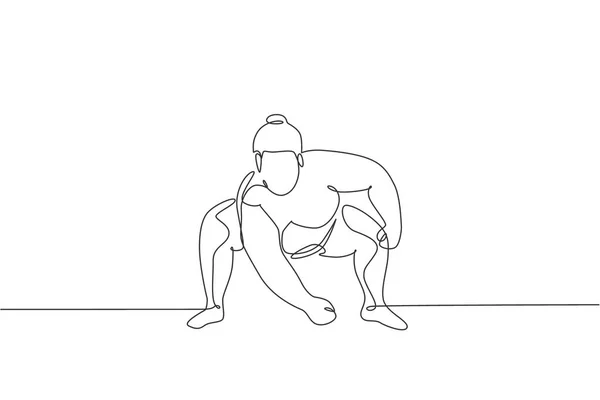 Seul Dessin Ligne Jeune Homme Sumo Japonais Surpoids Prêt Battre — Image vectorielle