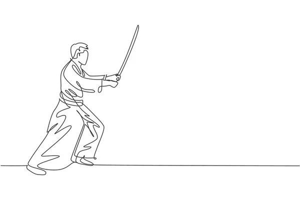 Kimono Giyen Genç Sporcunun Sürekli Çizdiği Tek Çizgi Ahşap Kılıçla — Stok Vektör