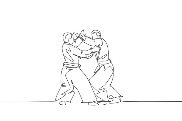 Jedna Čára Kresba Dvou Mladých Energických Mužů Kimonu Cvičení Aikido — Stockový vektor