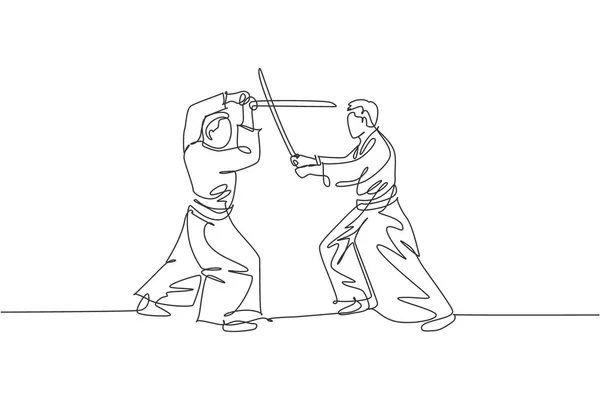 Jednoduchá Kontinuální Kresba Dvou Sportovních Mužů Kimonu Cvičit Aikido Bojová — Stockový vektor