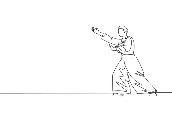 Eine Einzige Linienzeichnung Eines Jungen Energischen Mannes Der Kimono Aikido — Stockvektor